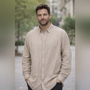 Linen Blend Shirt Mens XXL Button Down Long Sleeve BEIGE Striped 2XL H&M Dress